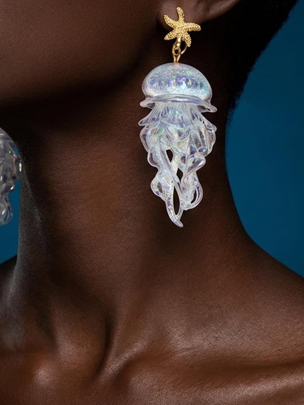 Anthropologie Iridescent White Jellyfish Drop Earrings with Gold Star Stud